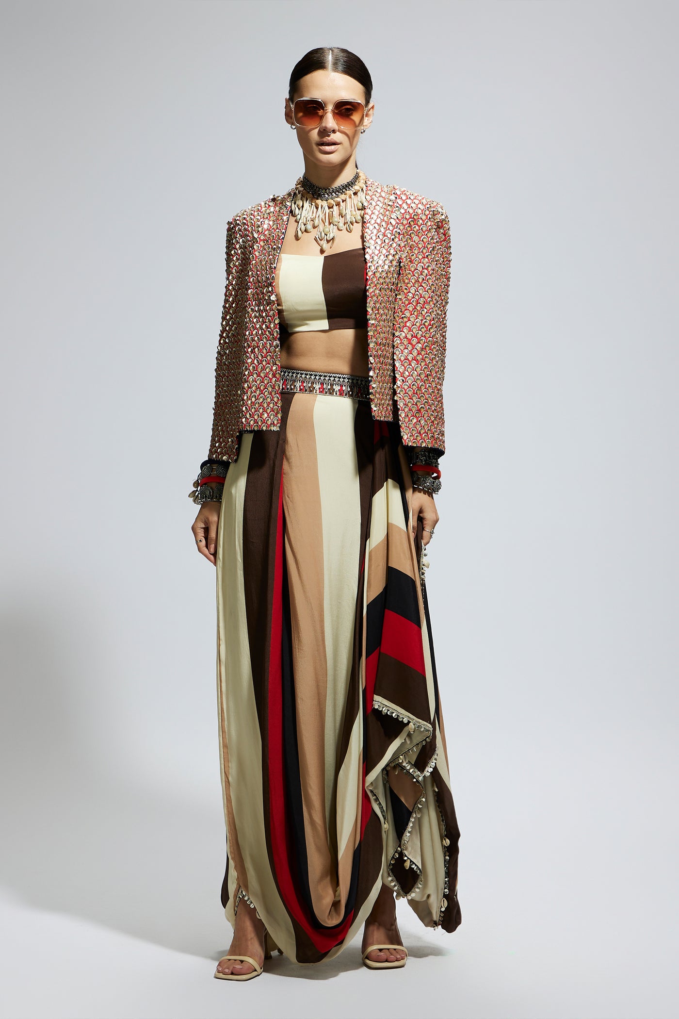 SVA Metallic Embellished Cape Jacket Set indian designer wear online shopping melange singapore