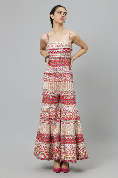 SVA Ivory Multi Hued Bell Bottom Jumpsuit indian designer wear online shopping melange singapore
