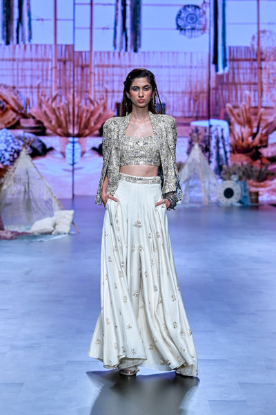 SVA Noor Jacket Paired With Embellished Bustier And Pleated Pants Indian designer wear online shopping melange singapore