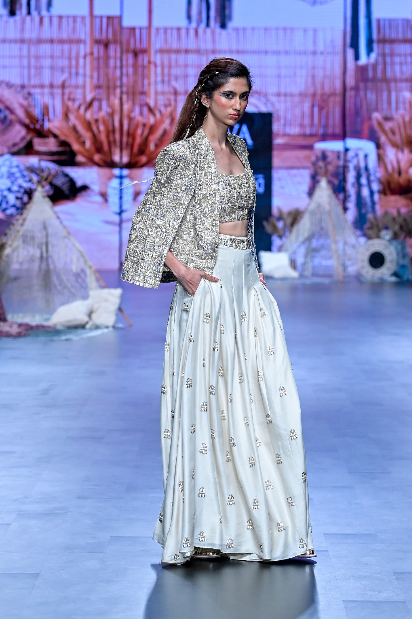 SVA Noor Jacket Paired With Embellished Bustier And Pleated Pants Indian designer wear online shopping melange singapore