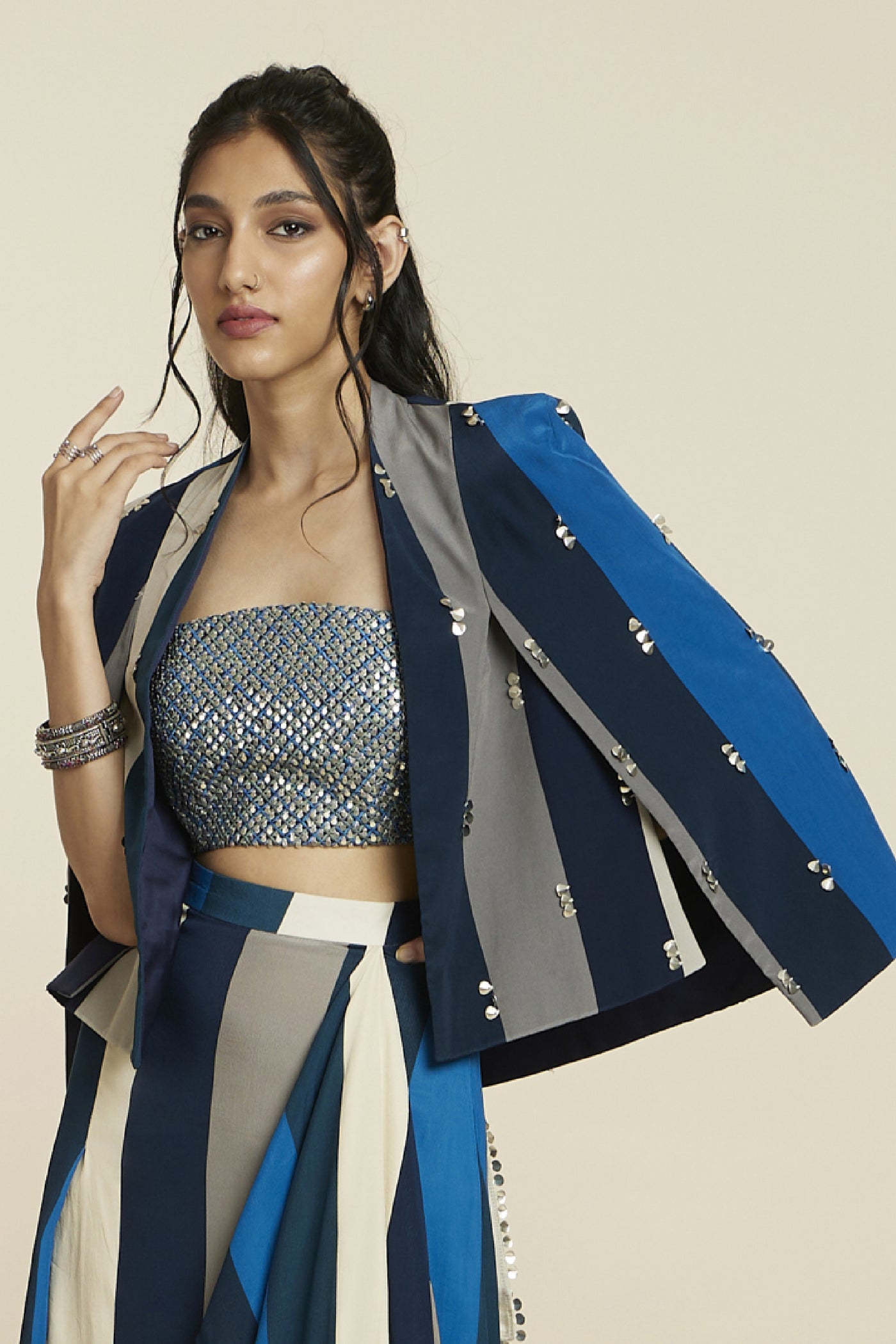 SVA Noor Jacket Paired With Metallic Bustier And Nushrat Skirt Indian designer wear online shopping melange singapore