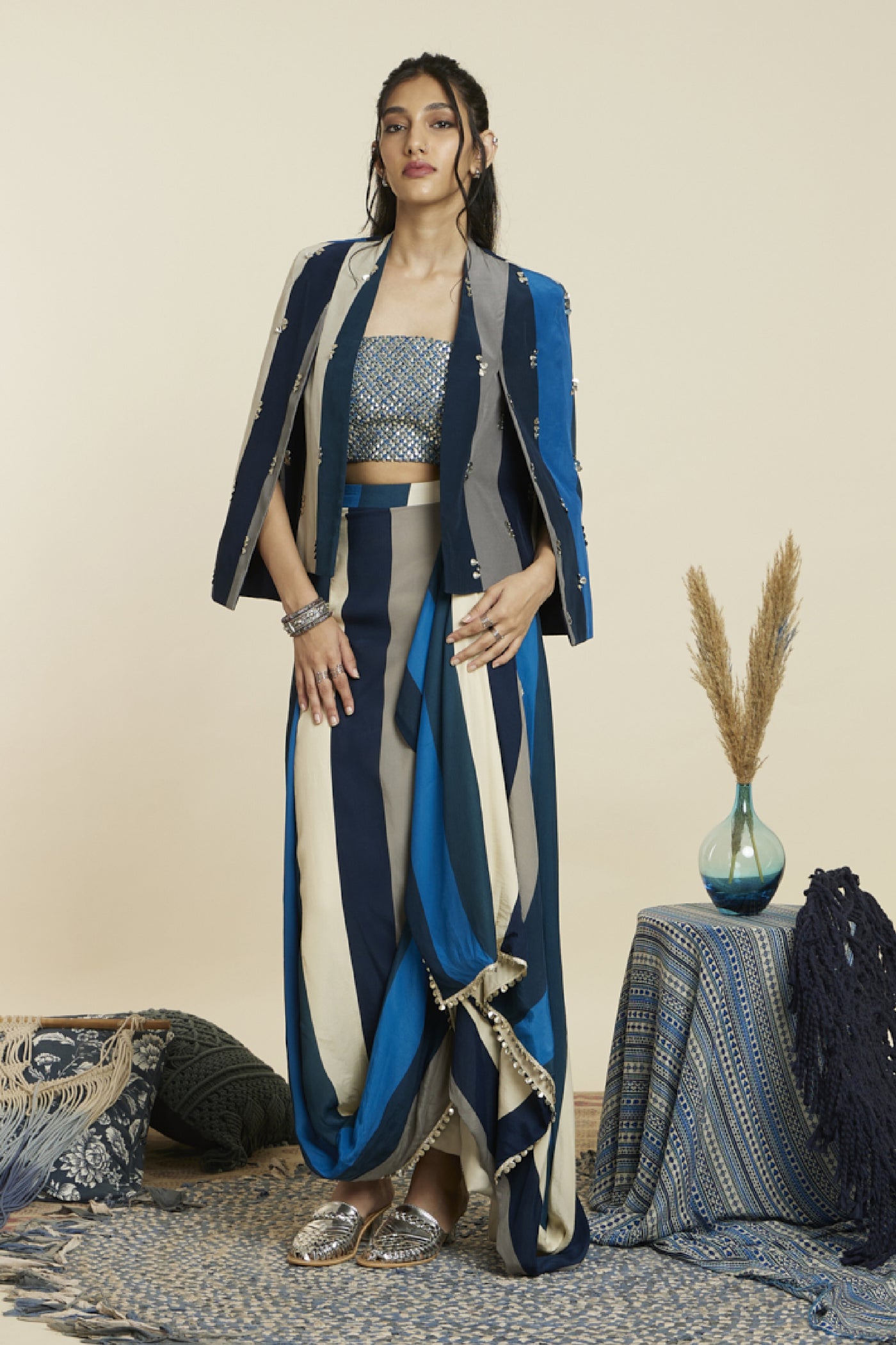SVA Noor Jacket Paired With Metallic Bustier And Nushrat Skirt Indian designer wear online shopping melange singapore