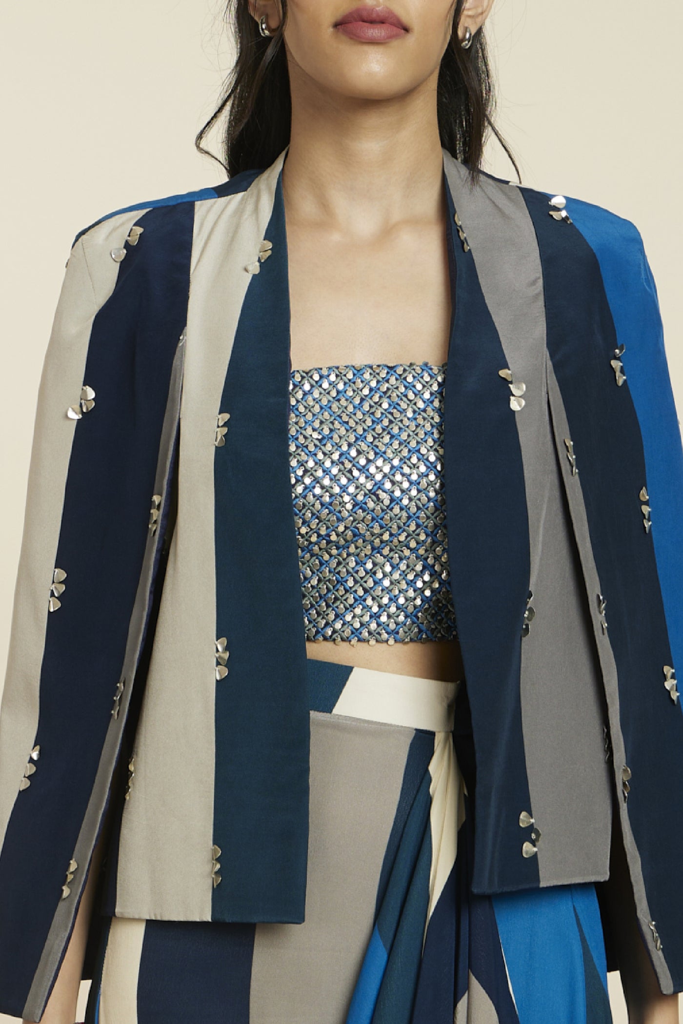 SVA Noor Jacket Paired With Metallic Bustier And Nushrat Skirt Indian designer wear online shopping melange singapore