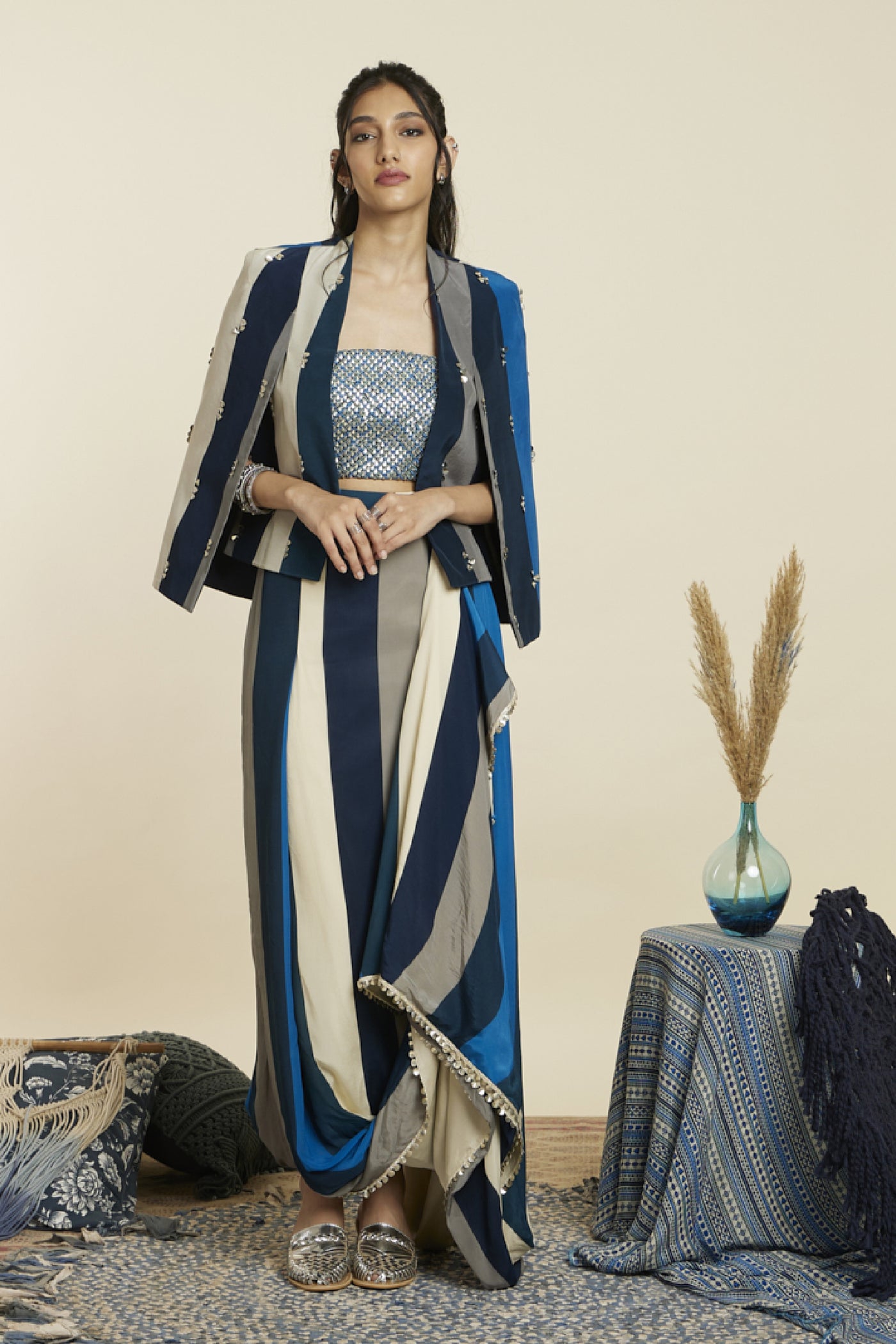 SVA Noor Jacket Paired With Metallic Bustier And Nushrat Skirt Indian designer wear online shopping melange singapore