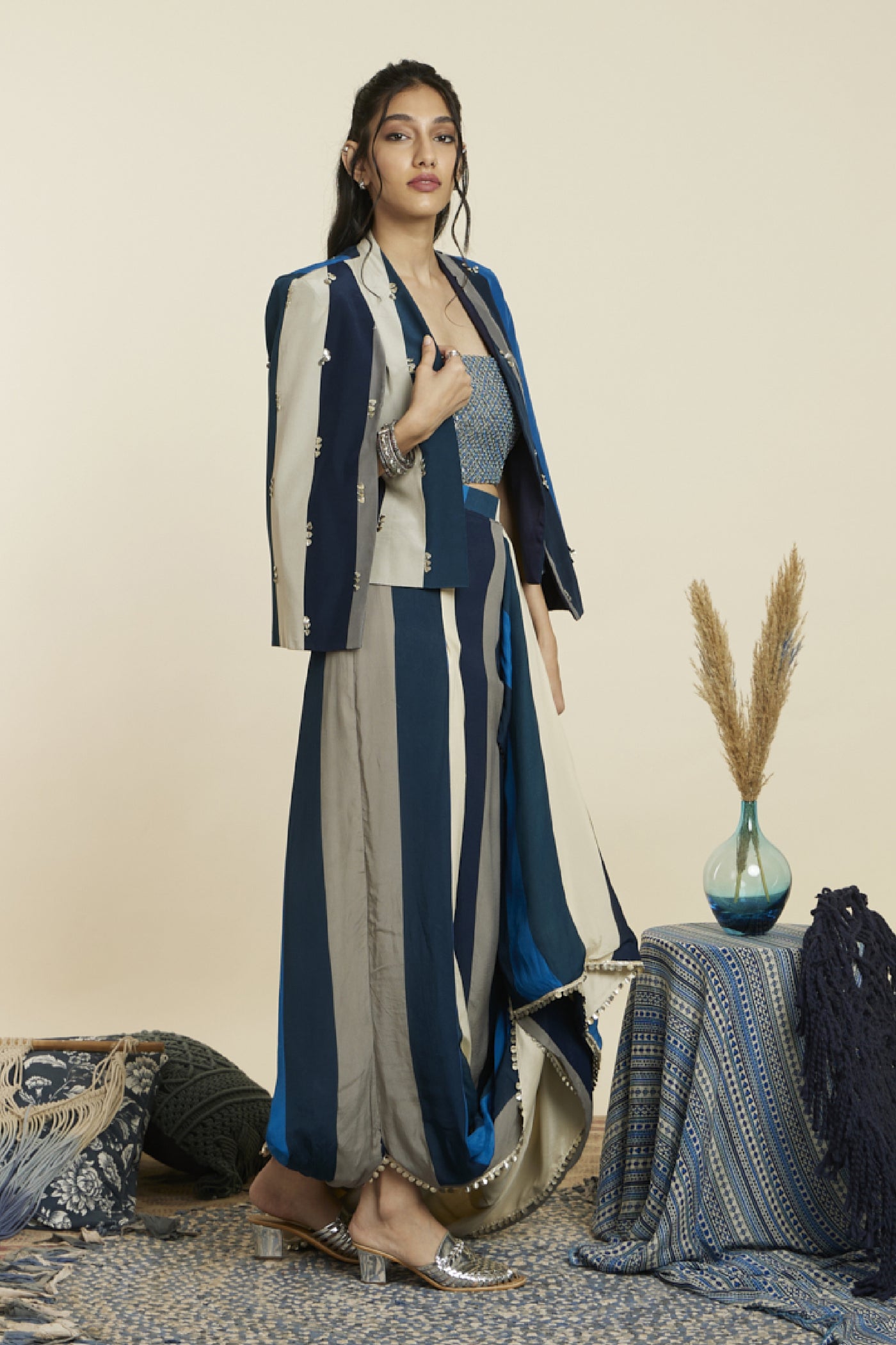 SVA Noor Jacket Paired With Metallic Bustier And Nushrat Skirt Indian designer wear online shopping melange singapore