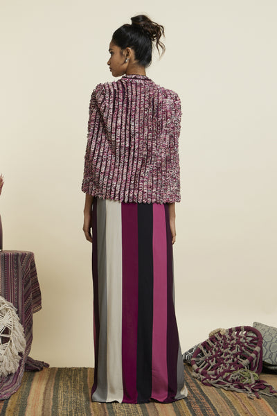 SVA Noor Jacket With Merlot Stripe Print Bustier Side Slit Skirt Indian designer wear online shopping melange singapore