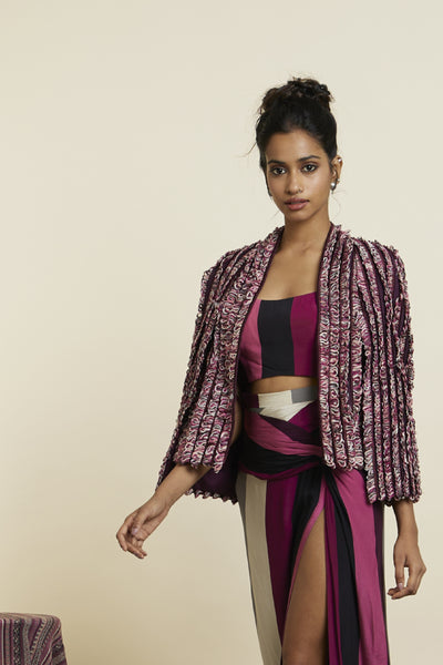 SVA Noor Jacket With Merlot Stripe Print Bustier Side Slit Skirt Indian designer wear online shopping melange singapore