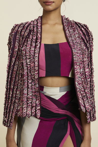 SVA Noor Jacket With Merlot Stripe Print Bustier Side Slit Skirt Indian designer wear online shopping melange singapore