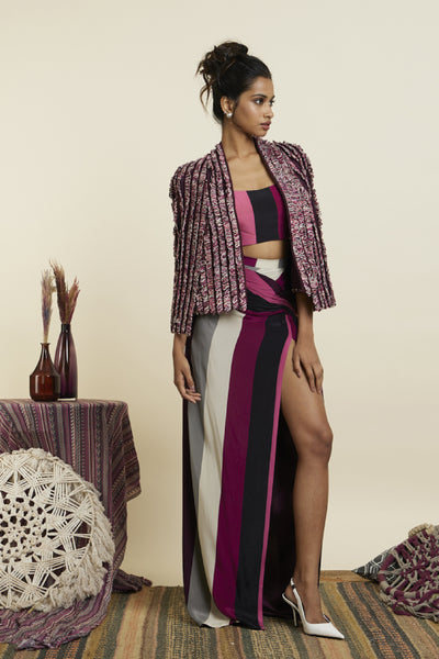SVA Noor Jacket With Merlot Stripe Print Bustier Side Slit Skirt Indian designer wear online shopping melange singapore