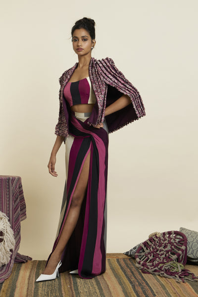 SVA Noor Jacket With Merlot Stripe Print Bustier Side Slit Skirt Indian designer wear online shopping melange singapore