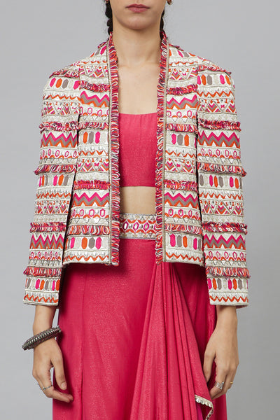 SVA Nushrat Draped Skirt And Bustier Teamed With A Signature Structured Jacket indian designer wear online shopping melange singapore