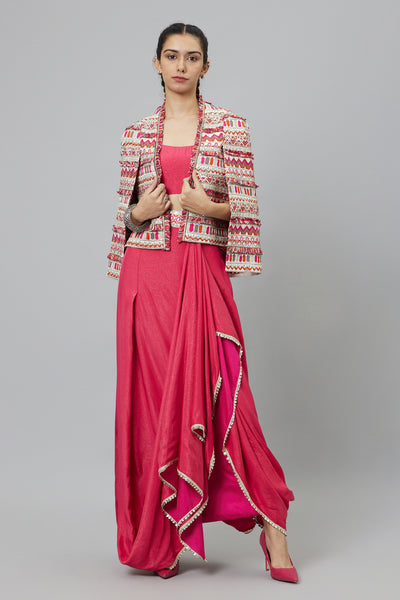 SVA Nushrat Draped Skirt And Bustier Teamed With A Signature Structured Jacket indian designer wear online shopping melange singapore