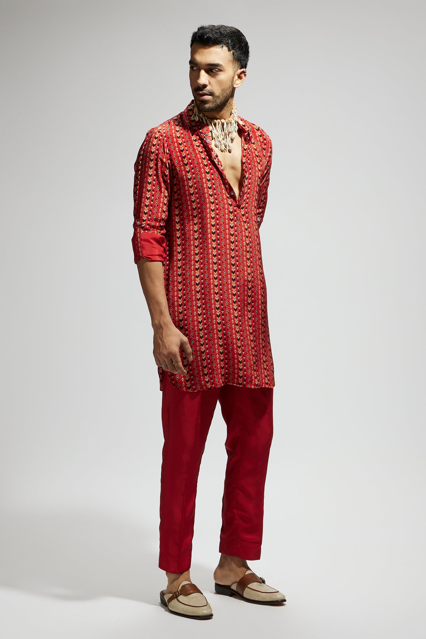 SVA Orange Boho Print Rolled Up Sleeves Kurta indian designer wear online shopping melange singapore