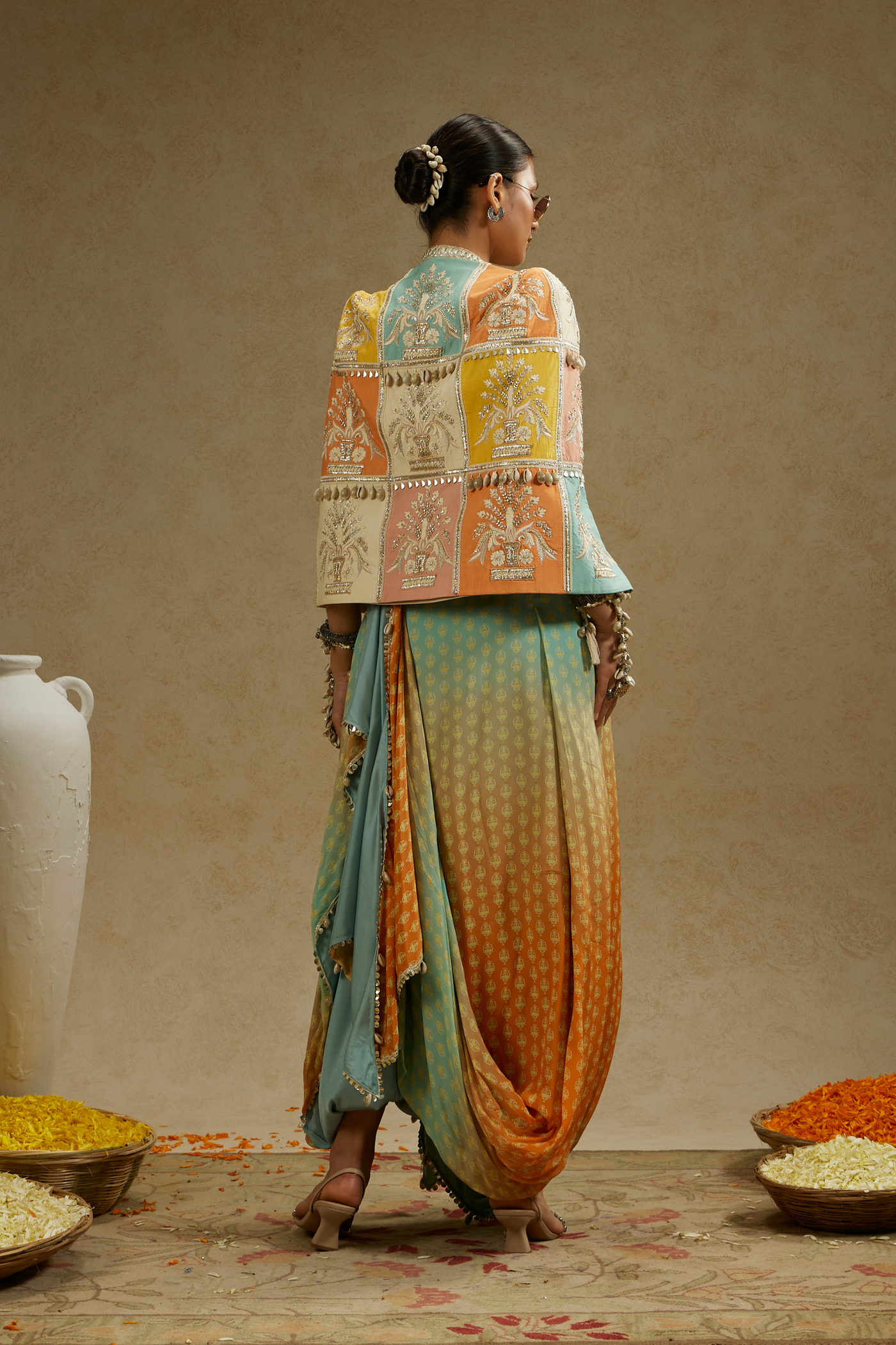 Patchwork Cape Jacket Paired with Bustier and Orange Blue Ombre Print Drape Skirt