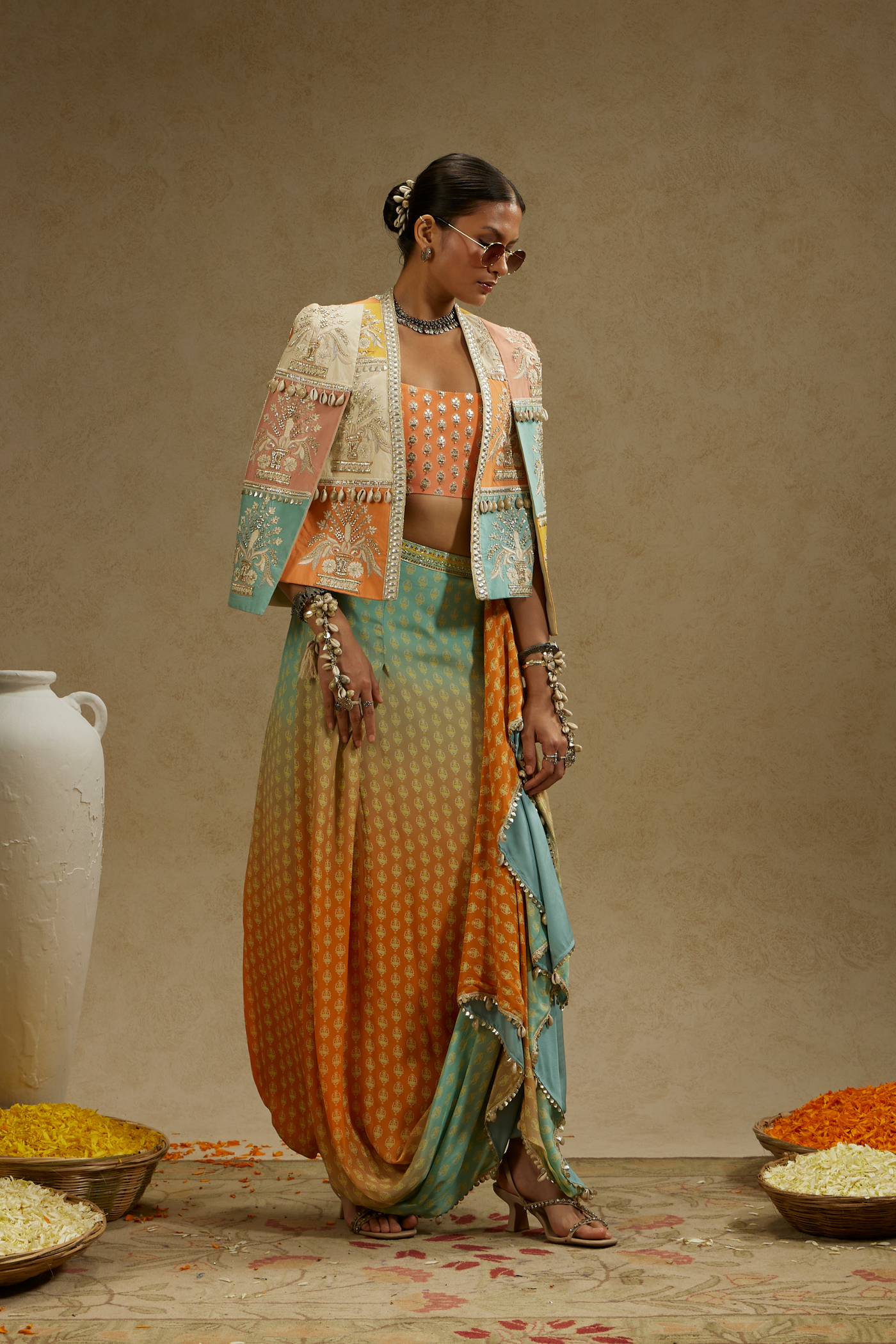 Patchwork Cape Jacket Paired with Bustier and Orange Blue Ombre Print Drape Skirt
