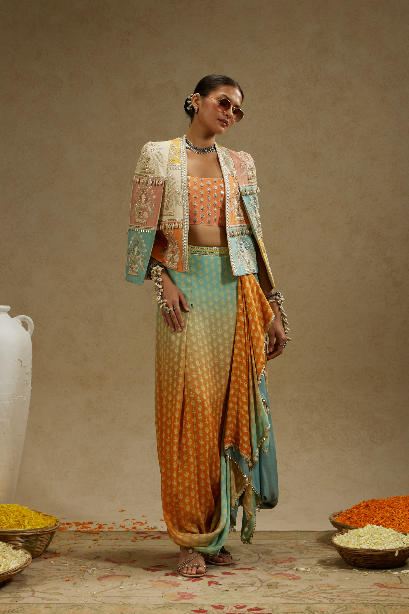 Patchwork Cape Jacket Paired with Bustier and Orange Blue Ombre Print Drape Skirt