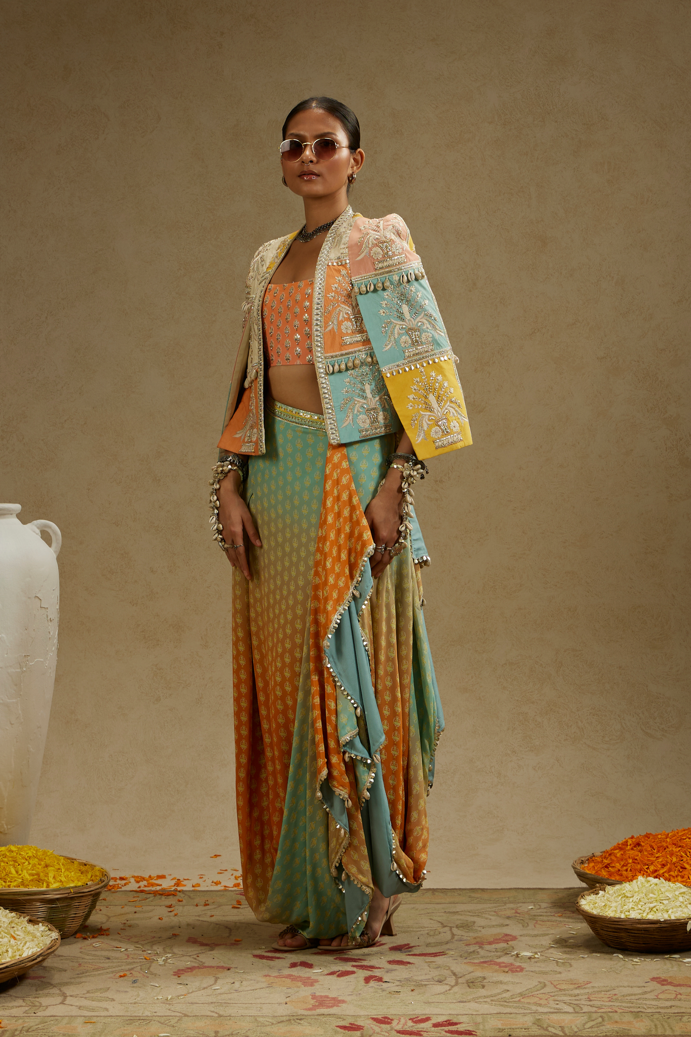 Patchwork Cape Jacket Paired with Bustier and Orange Blue Ombre Print Drape Skirt