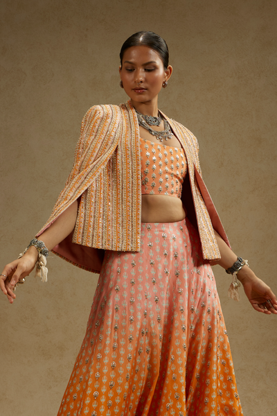 SVA Pink Embellished Cape Jacket Paired with Ombre Print Embellished Bustier and Ombre Embellished Lehenga Womenswear Melange Singapore Online Shopping Indian Designer Wear