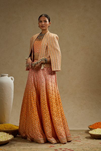 SVA Pink Embellished Cape Jacket Paired with Ombre Print Embellished Bustier and Ombre Embellished Lehenga Womenswear Melange Singapore Online Shopping Indian Designer Wear