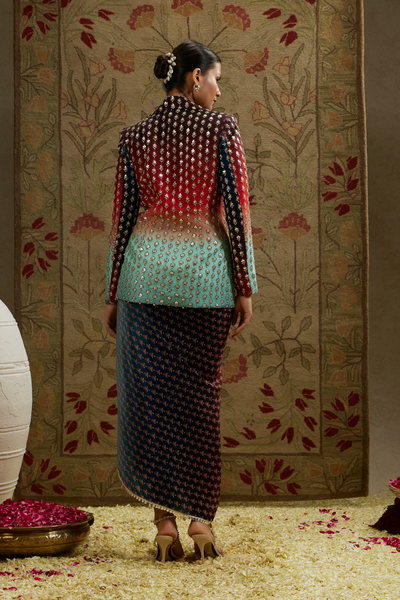SVA Womenswear Red Blue Ombre Print Embellished Blazer Paired with Drape Skirt Indian Designer Wear Online Shopping Melange Singapore