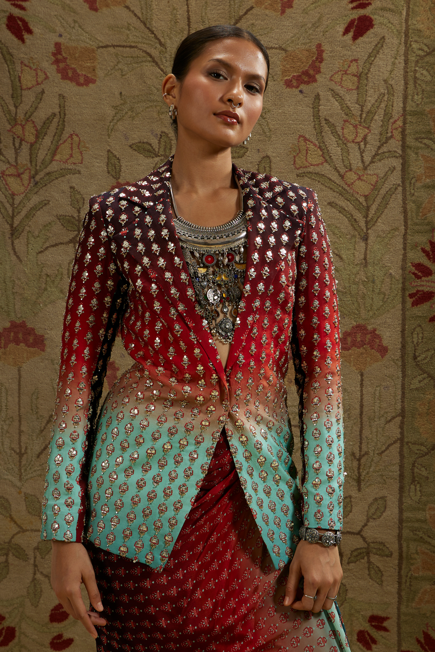 SVA Womenswear Red Blue Ombre Print Embellished Blazer Paired with Drape Skirt Indian Designer Wear Online Shopping Melange Singapore