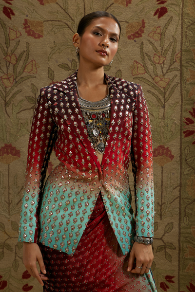 SVA Womenswear Red Blue Ombre Print Embellished Blazer Paired with Drape Skirt Indian Designer Wear Online Shopping Melange Singapore