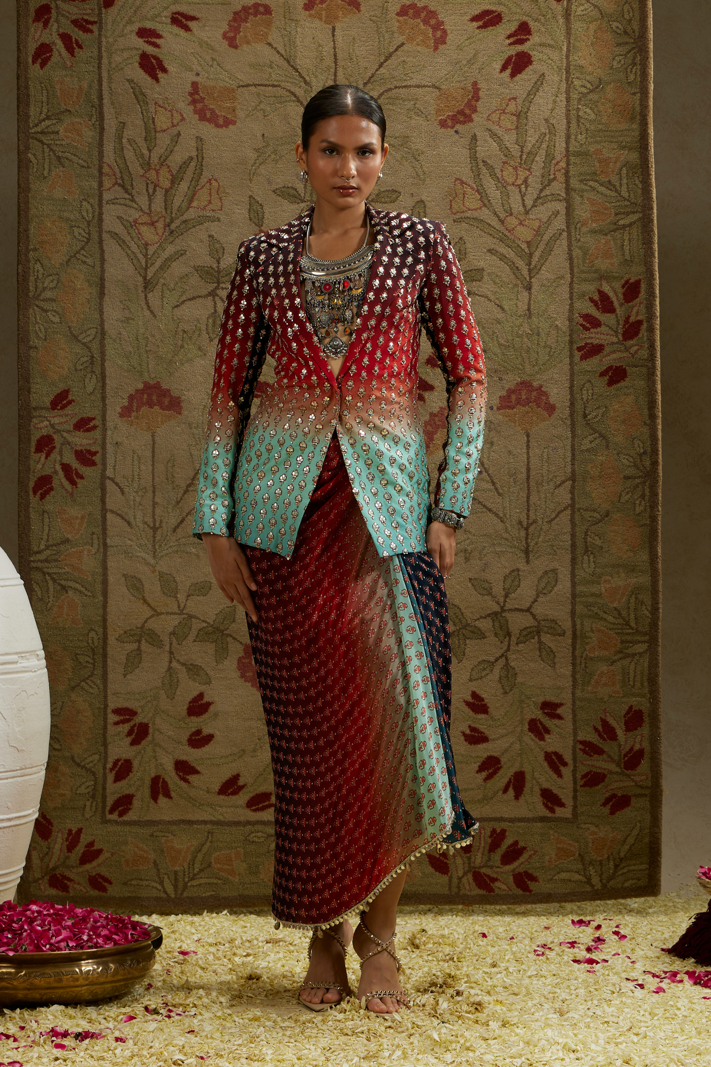 SVA Womenswear Red Blue Ombre Print Embellished Blazer Paired with Drape Skirt Indian Designer Wear Online Shopping Melange Singapore