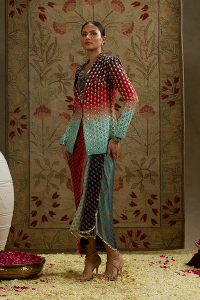 SVA Womenswear Red Blue Ombre Print Embellished Blazer Paired with Drape Skirt Indian Designer Wear Online Shopping Melange Singapore