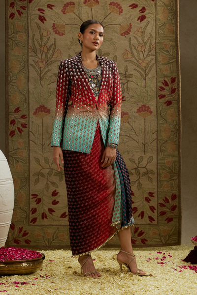 SVA Womenswear Red Blue Ombre Print Embellished Blazer Paired with Drape Skirt Indian Designer Wear Online Shopping Melange Singapore