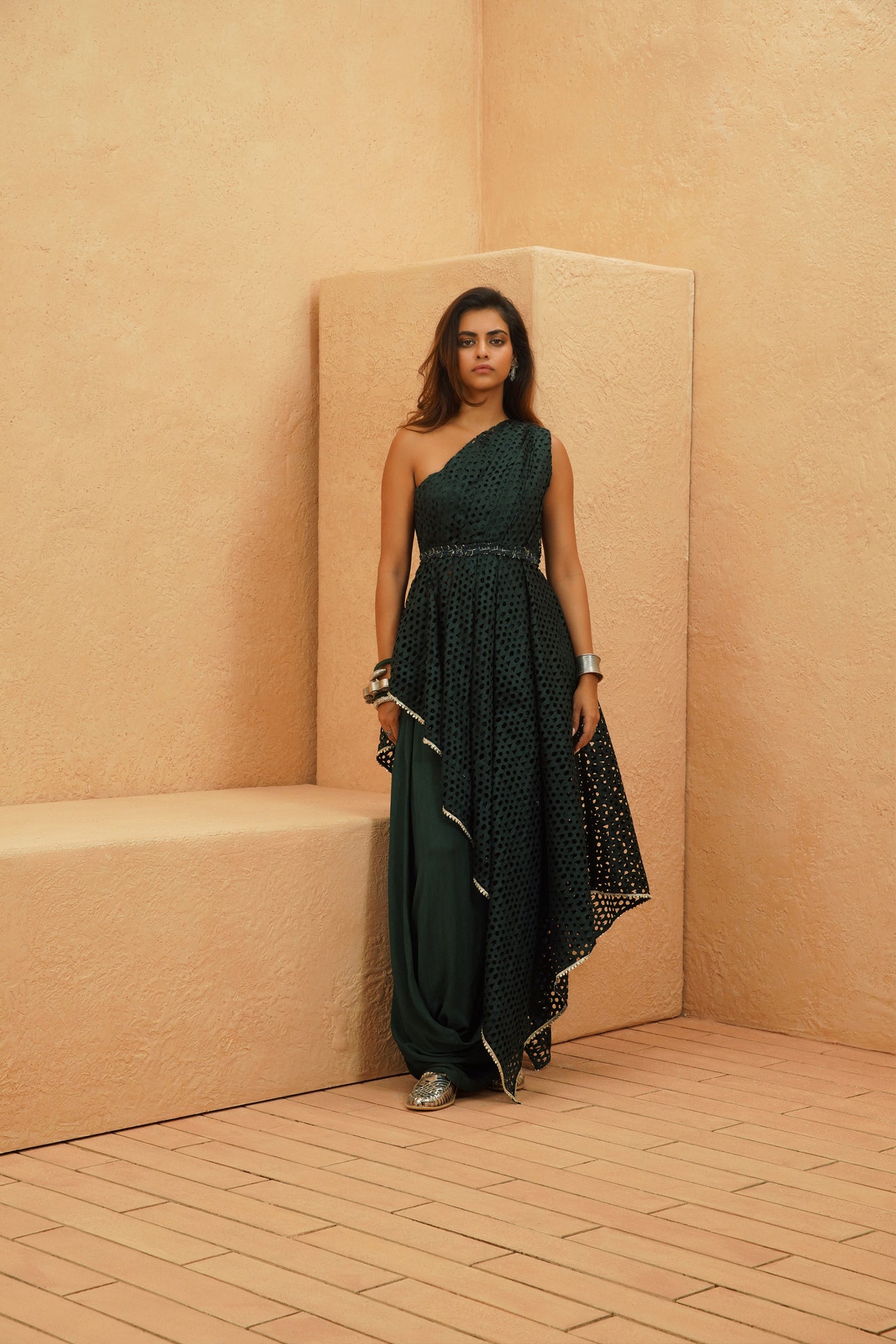 SVA Rayan Cutwork One Shoulder Drape Top And Cowl Skirt indian designer wear online shopping melange singapore
