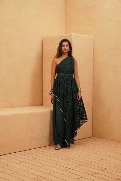 SVA Rayan Cutwork One Shoulder Drape Top And Cowl Skirt indian designer wear online shopping melange singapore
