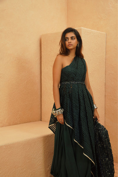 SVA Rayan Cutwork One Shoulder Drape Top And Cowl Skirt indian designer wear online shopping melange singapore
