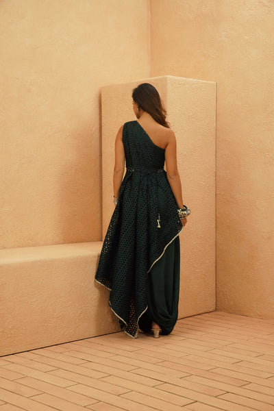 SVA Rayan Cutwork One Shoulder Drape Top And Cowl Skirt indian designer wear online shopping melange singapore
