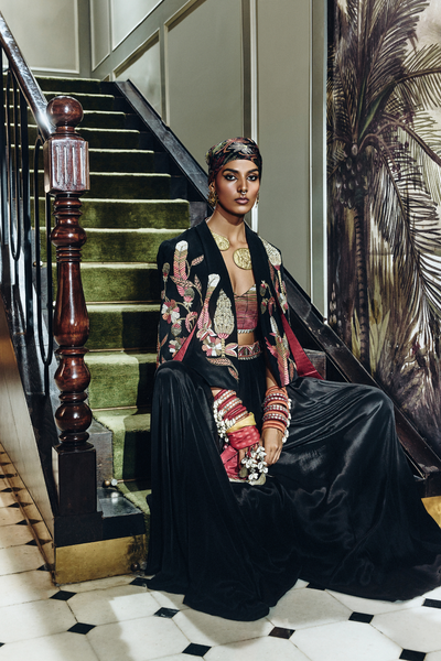 SVA Meher Tropical Cape Jacket With Ombre Bustier And Pleated Pants  indian designer wear online shopping melange singapore 