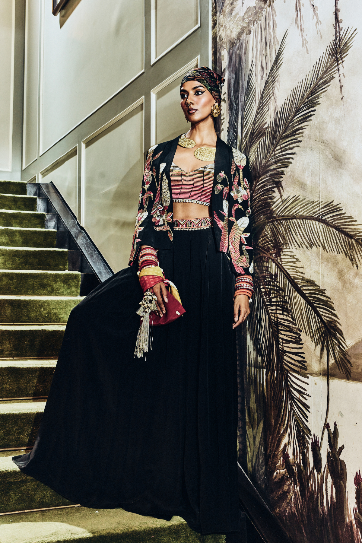 SVA Meher Tropical Cape Jacket With Ombre Bustier And Pleated Pants  indian designer wear online shopping melange singapore 