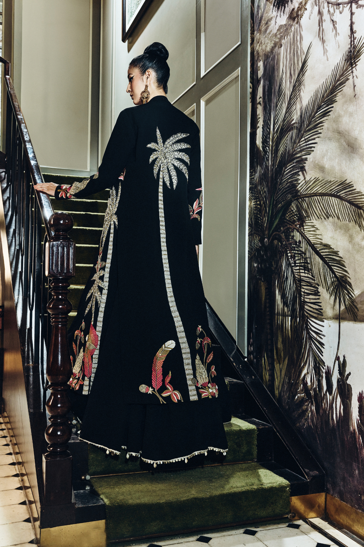 SVA Raya Tropical Long Jacket With Studded Bustier And Lehenga indian designer wear online shopping melange singapore 