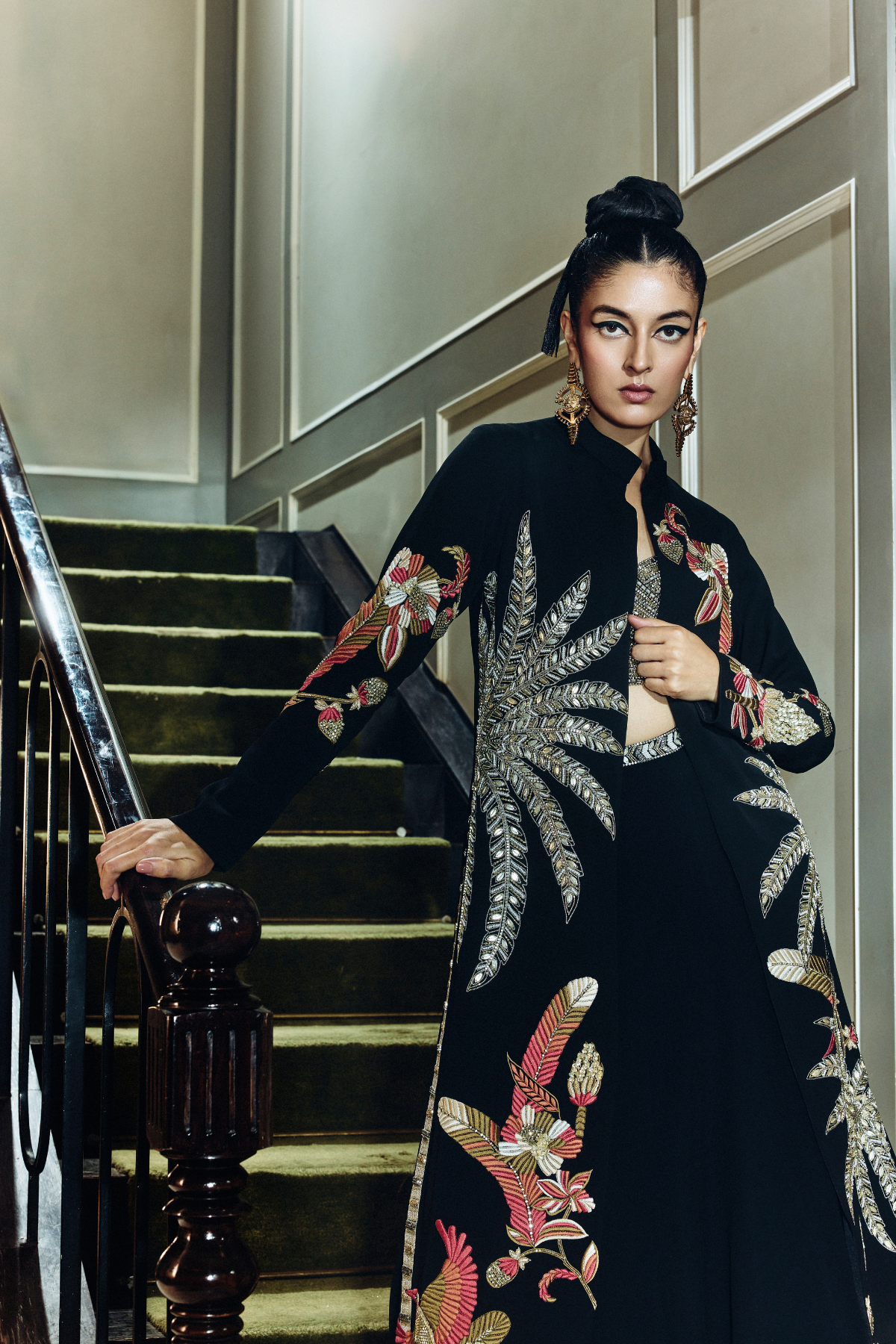 SVA Raya Tropical Long Jacket With Studded Bustier And Lehenga indian designer wear online shopping melange singapore 