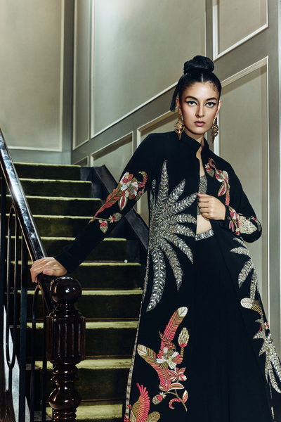 SVA Raya Tropical Long Jacket With Studded Bustier And Lehenga indian designer wear online shopping melange singapore 