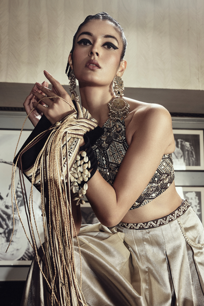 SVA Tara Studded Halter Blouse With Metallic Pleated Pants indian designer wear online shopping melange singapore 