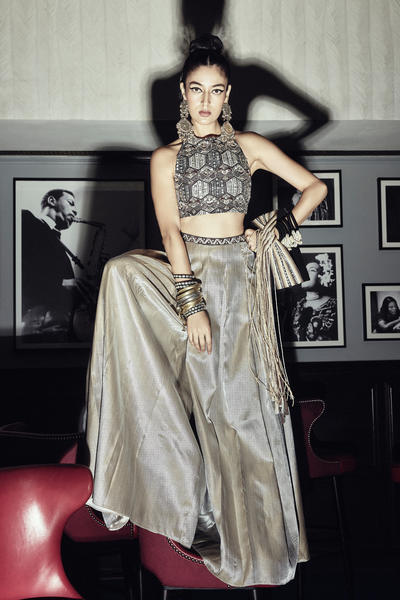 SVA Tara Studded Halter Blouse With Metallic Pleated Pants indian designer wear online shopping melange singapore 