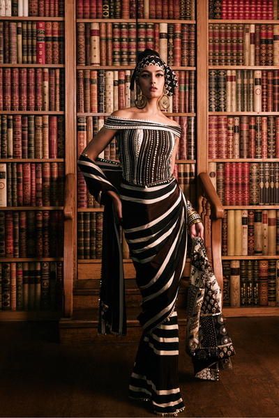SVA Zarika Stripe Saree Set With Studded Corset And Patchwork Cape Jacket indian designer wear online shopping melange singapore 