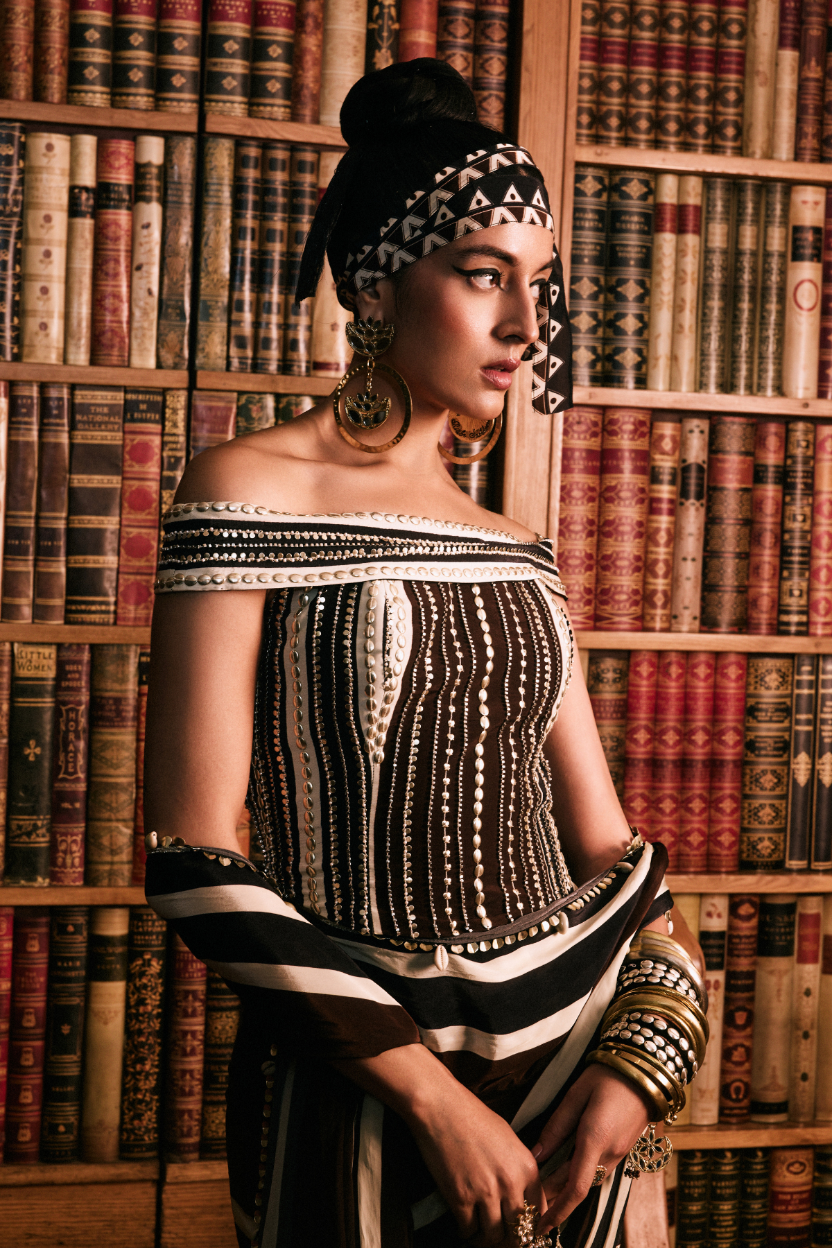 SVA Zarika Stripe Saree Set With Studded Corset And Patchwork Cape Jacket indian designer wear online shopping melange singapore 