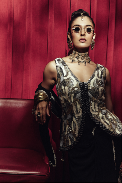 SVA Ziya Embellished Waistcoast With Black Drape Saree indian designer wear online shopping melange singapore 