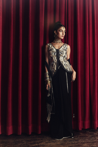 SVA Ziya Embellished Waistcoast With Black Drape Saree indian designer wear online shopping melange singapore 