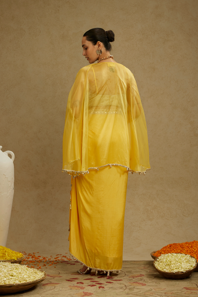 SVA Womenswear Metal Embellished Bustier Paired with Organza Cape and Dandelion Yellow Drape Skirt Online Shopping Melange Singapore Indian Designer Wear