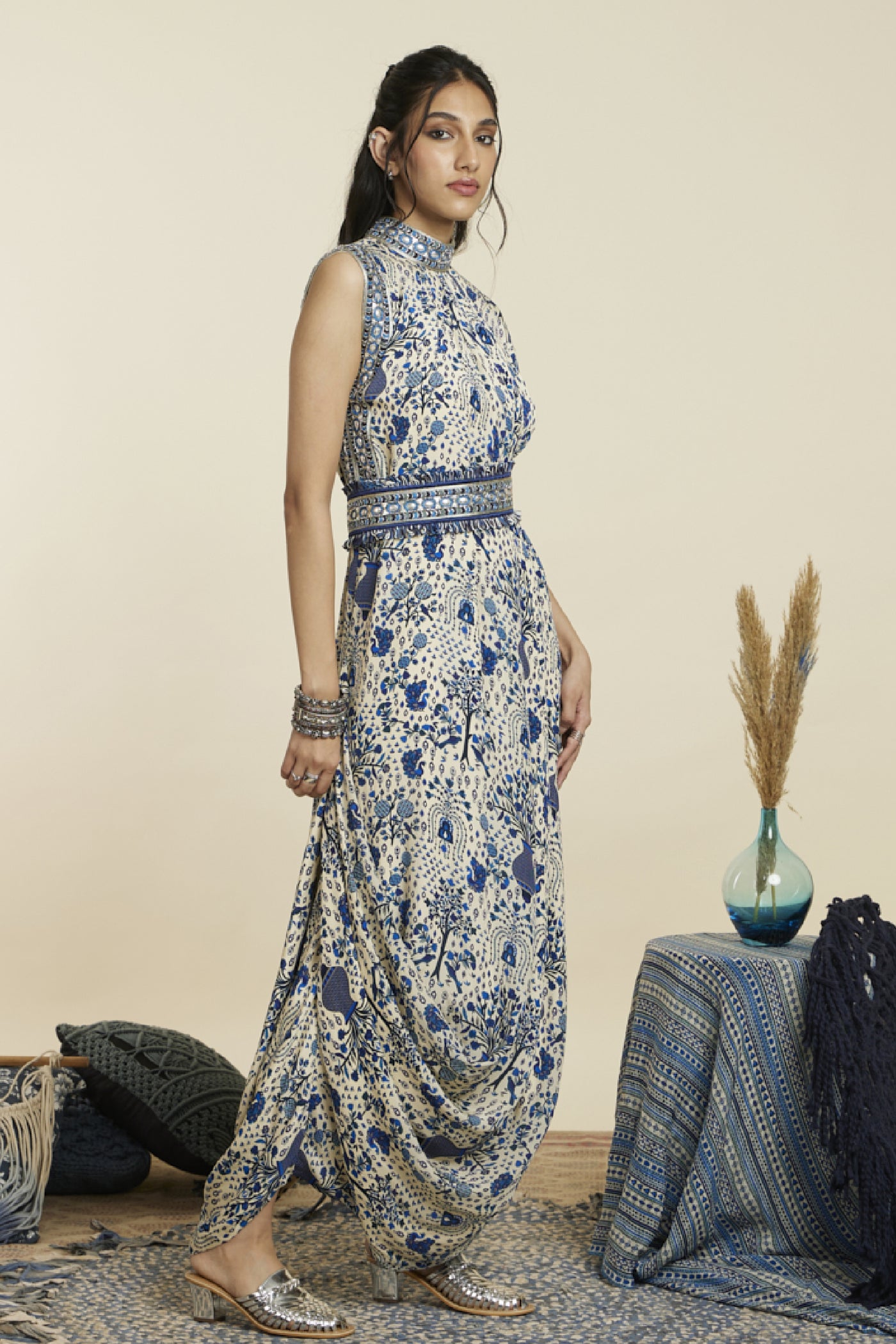 SVA Safar Blue Jaal Drape Dress With Belt Indian designer wear online 