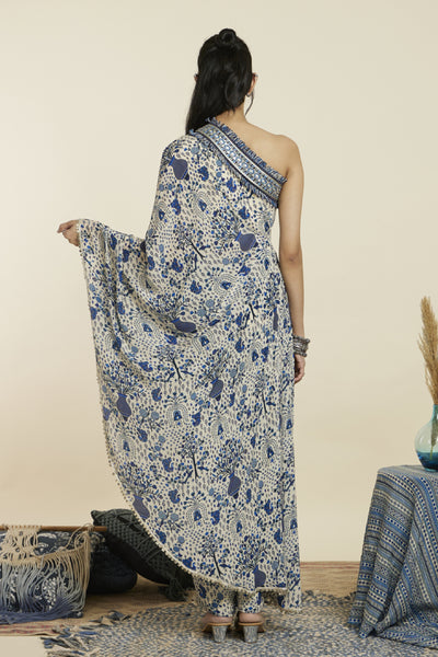 SVA Safar Blue Jaal Print One Shoulder Saree With Pants Indian designer wear online shopping melange singapore