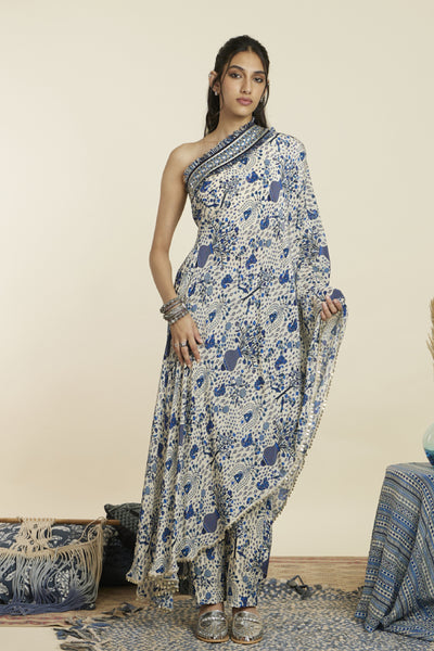 SVA Safar Blue Jaal Print One Shoulder Saree With Pants Indian designer wear online shopping melange singapore