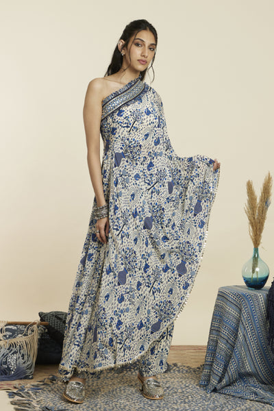 SVA Safar Blue Jaal Print One Shoulder Saree With Pants Indian designer wear online shopping melange singapore