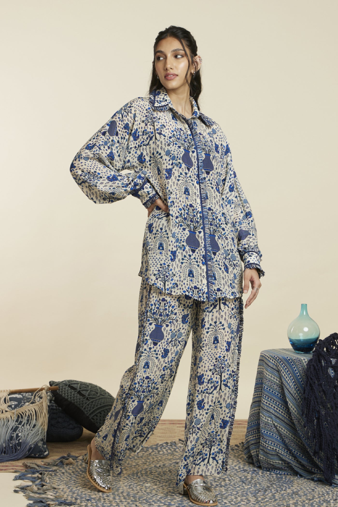 SVA Safar Blue Jaal Print Oversized Coord Set Indian designer wear online shopping melange singapore